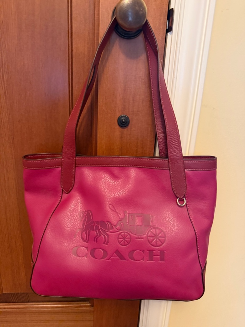 COACH Fuchsia Leather Tote with Maroon Trim